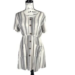 MINE Women's Striped Button Front Mini Dress L Short Sleeve‎ Elastic Waist